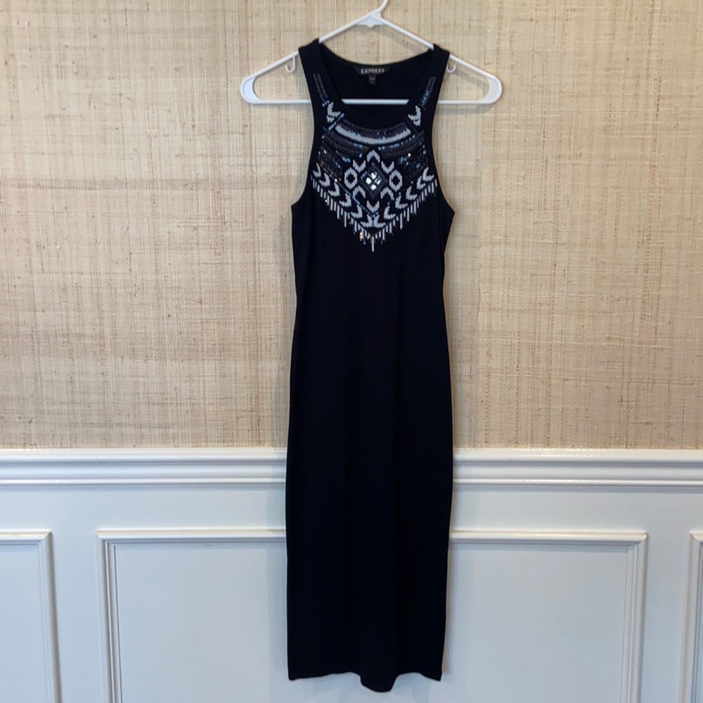 Express, black embroidered midi dress, Size S